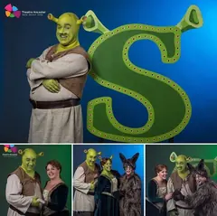 Collage of Adrian Gorrissen as Shrek in Theatre Ancaster’s Shrek The Musical, alone and with fellow performers.